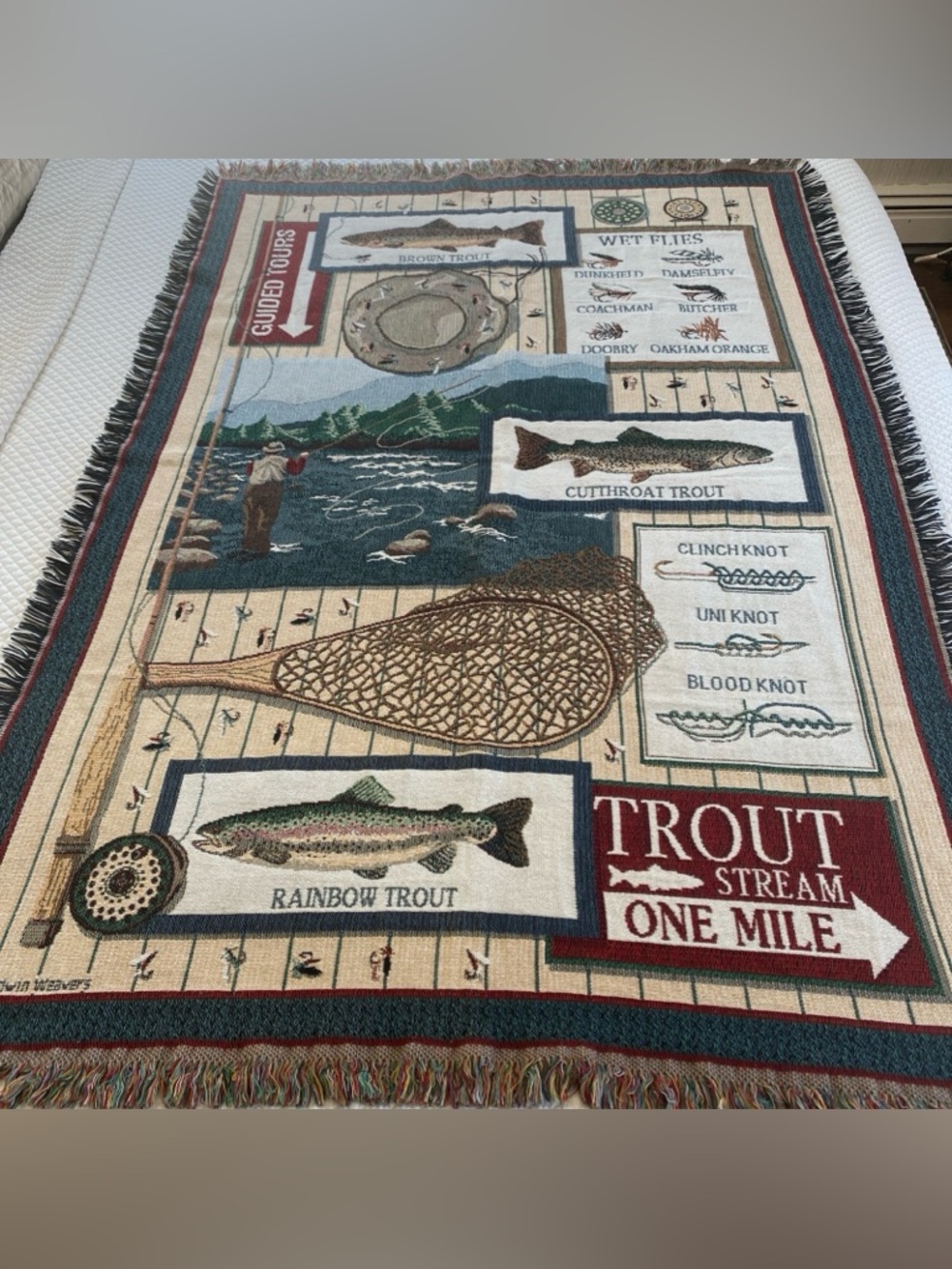 Vintage Goodwin Weavers Fly Fishing Trout Tapestry Cabin Outdoorsman Sporting